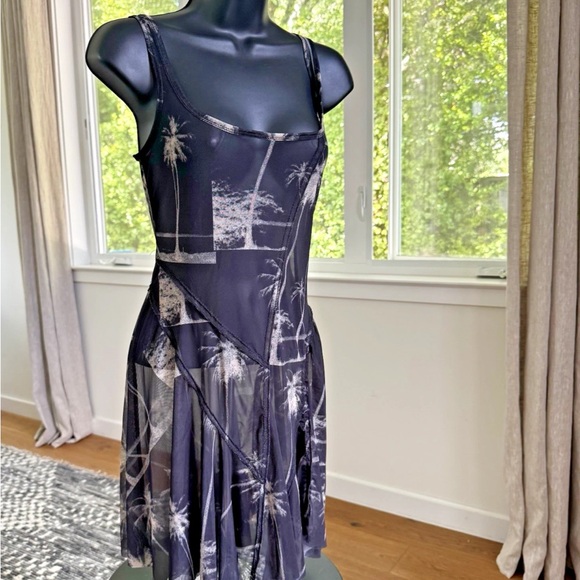 NWT Urban Outfitters Small Sheer Mesh Mini Dress Palm Tree Print Coquette Skater - Picture 2 of 7